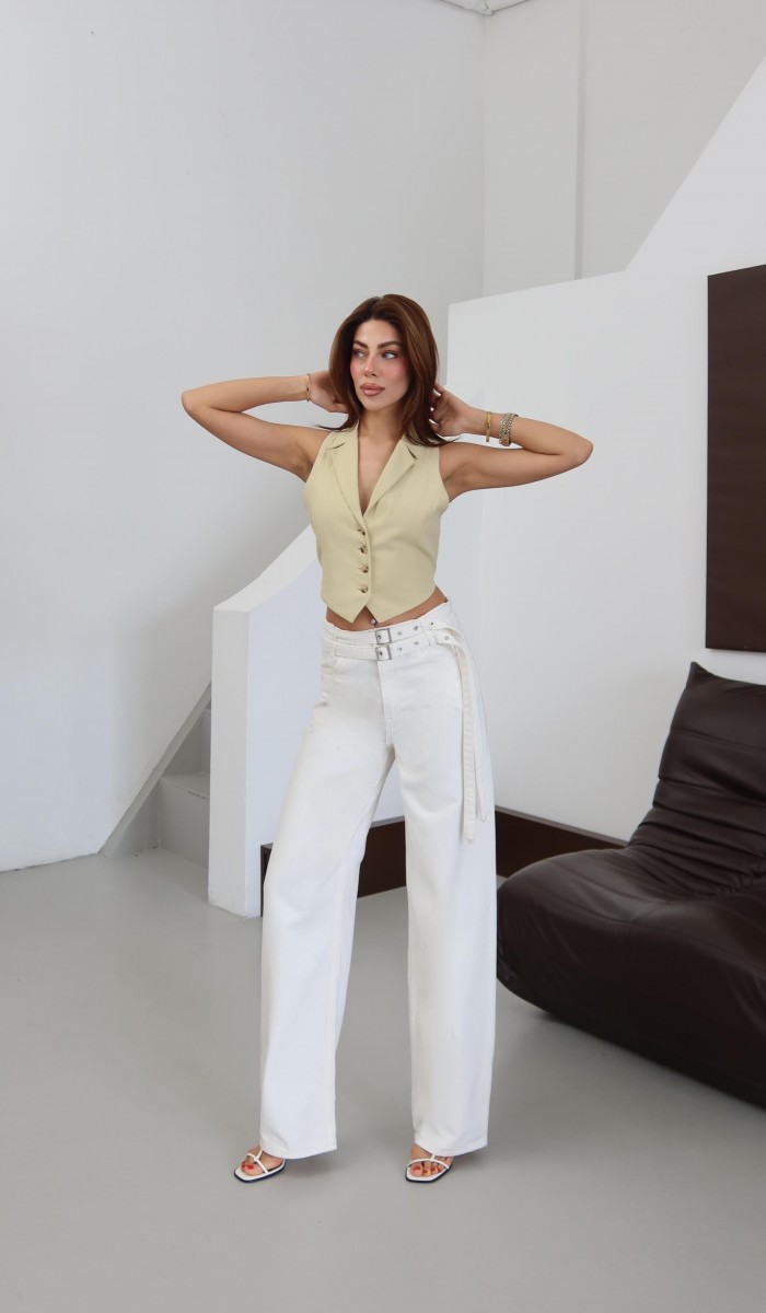 Baggy Kalıp Çift Kemer Detaylı Ekru Jean Pantolon