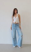 Yüksek Bel Lazer Kesim Detaylı Arka Tek Cep Baggy Kalıp Light Blue Jean Pantolon