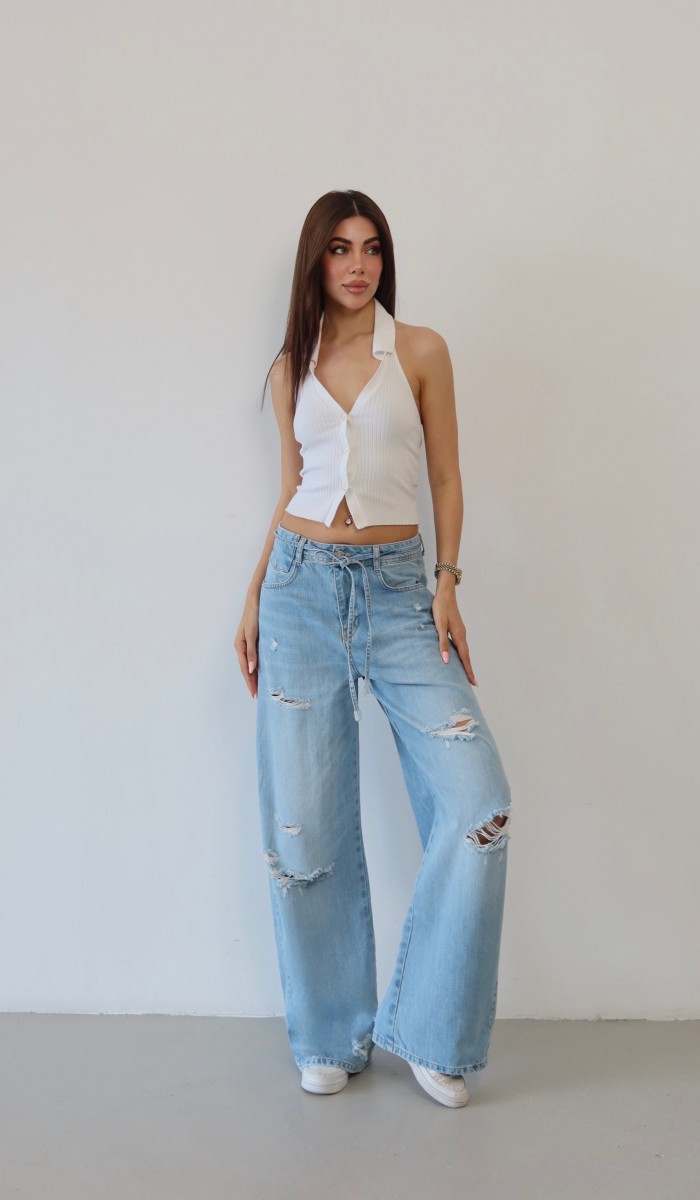 Yüksek Bel Lazer Kesim Detaylı Arka Tek Cep Baggy Kalıp Light Blue Jean Pantolon