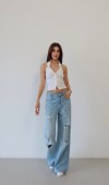 Yüksek Bel Lazer Kesim Detaylı Arka Tek Cep Baggy Kalıp Light Blue Jean Pantolon