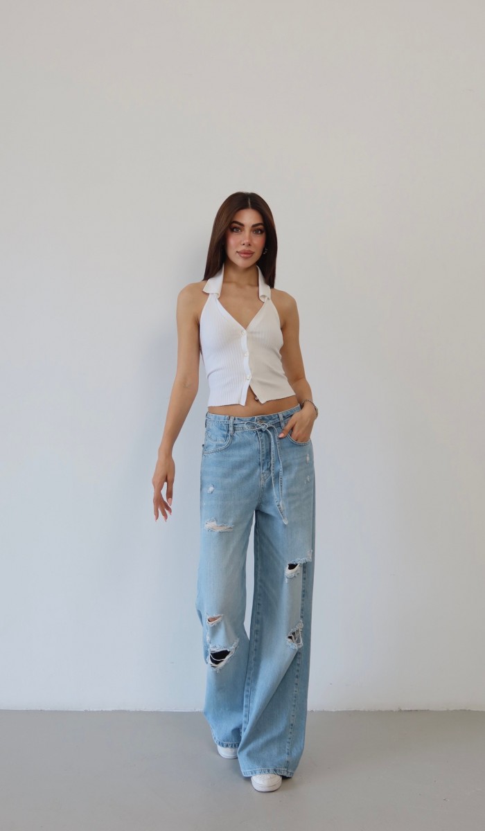 Yüksek Bel Lazer Kesim Detaylı Arka Tek Cep Baggy Kalıp Light Blue Jean Pantolon