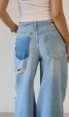 Yüksek Bel Lazer Kesim Detaylı Arka Tek Cep Baggy Kalıp Light Blue Jean Pantolon