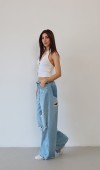 Yüksek Bel Lazer Kesim Detaylı Arka Tek Cep Baggy Kalıp Light Blue Jean Pantolon