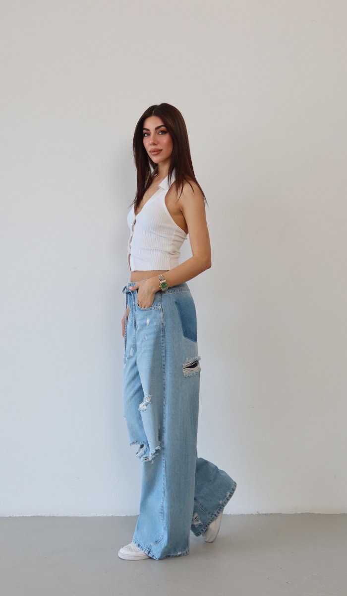 Yüksek Bel Lazer Kesim Detaylı Arka Tek Cep Baggy Kalıp Light Blue Jean Pantolon