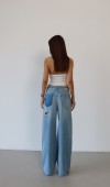Yüksek Bel Lazer Kesim Detaylı Arka Tek Cep Baggy Kalıp Light Blue Jean Pantolon