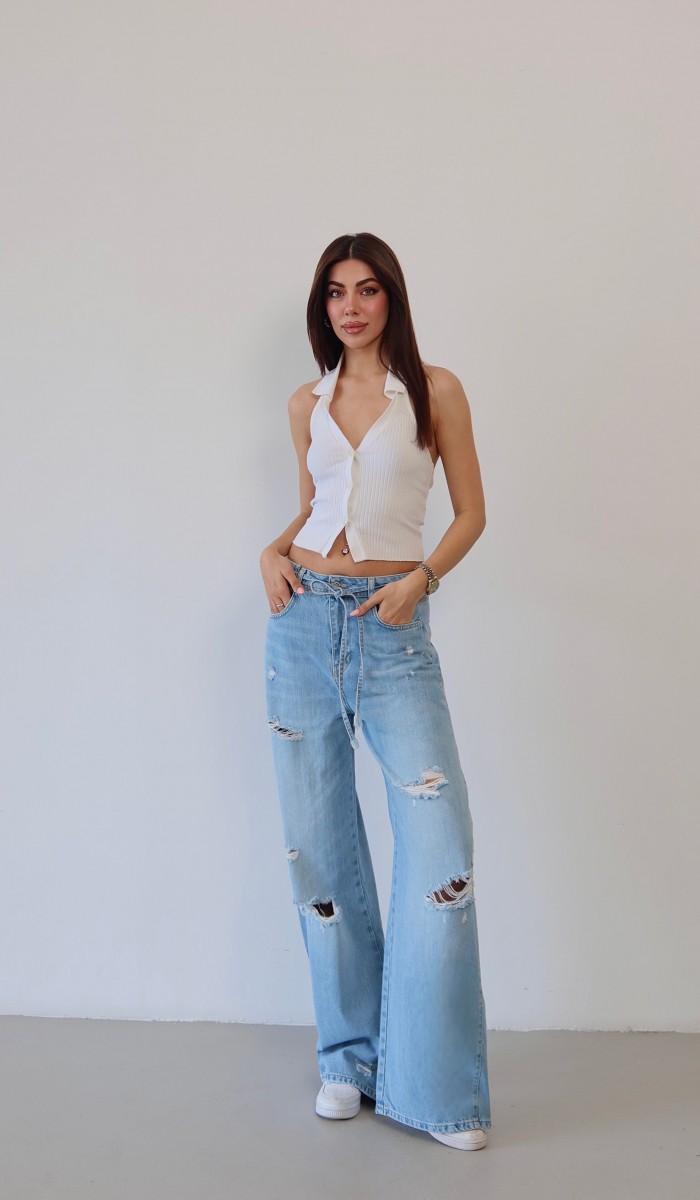 Yüksek Bel Lazer Kesim Detaylı Arka Tek Cep Baggy Kalıp Light Blue Jean Pantolon