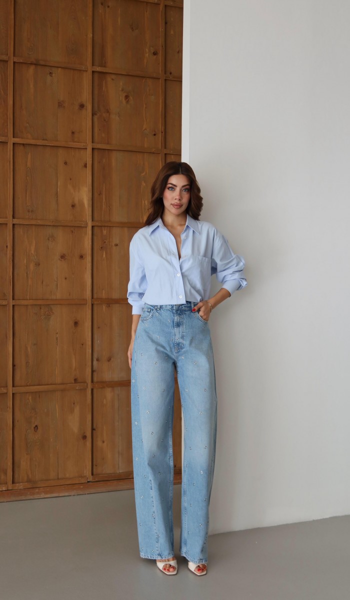 Yüksek Bel Baloon Kalıp Halka Taş Detaylı Light Blue  Jean Pantolon