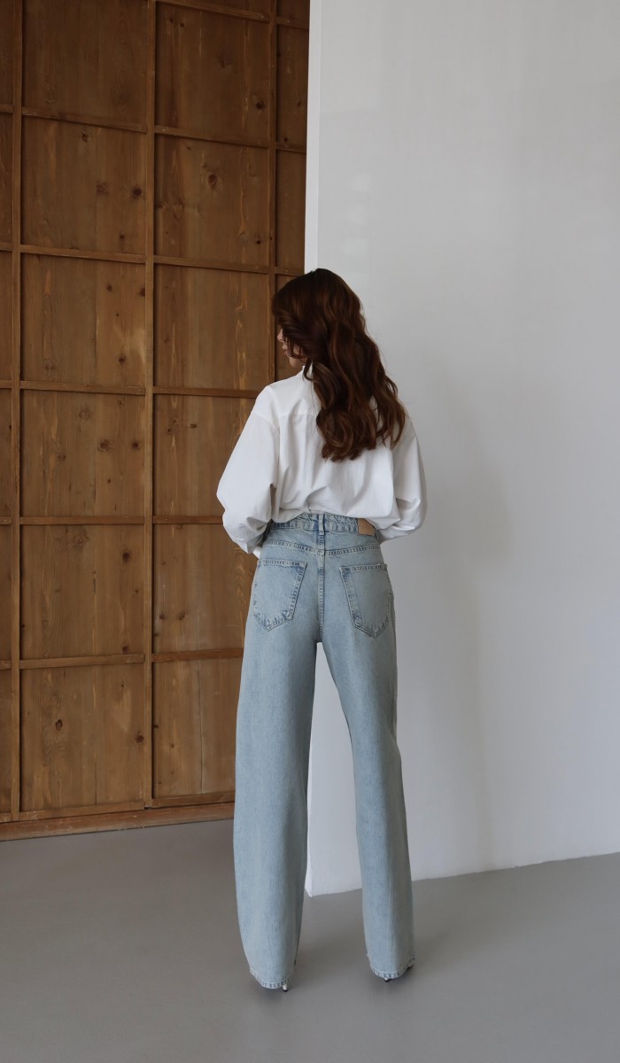 Yüksek Bel Baloon Kalıp Halka Taş Detaylı Light Blue Tint Jean Pantolon