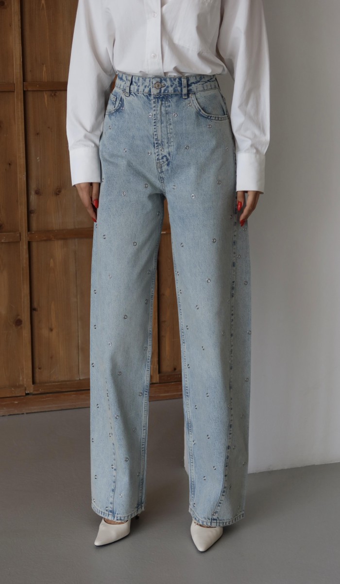 Yüksek Bel Baloon Kalıp Halka Taş Detaylı Light Blue Tint Jean Pantolon Yüksek Bel Baloon Kalıp Halka Taş Detaylı Light Blue Tint Jean Pantolon