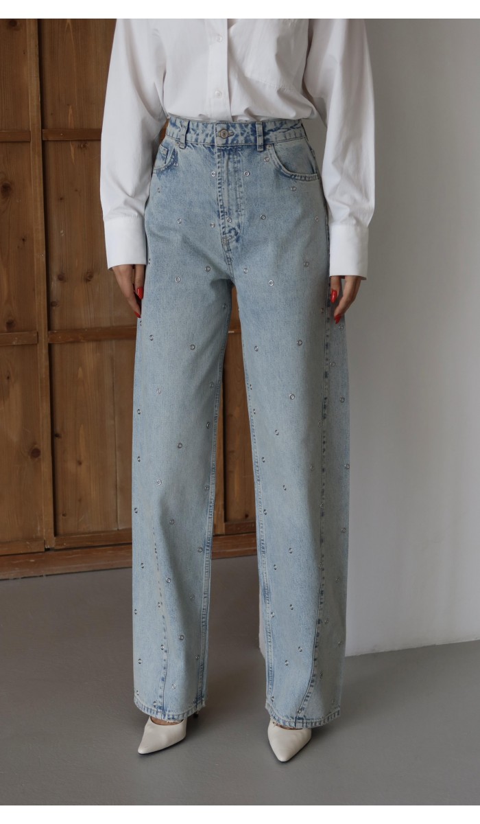 Yüksek Bel Baloon Kalıp Halka Taş Detaylı Light Blue Tint Jean Pantolon