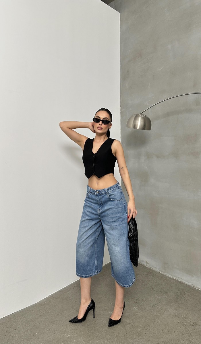 Kadın Baggy Model Blue Bermuda Jean