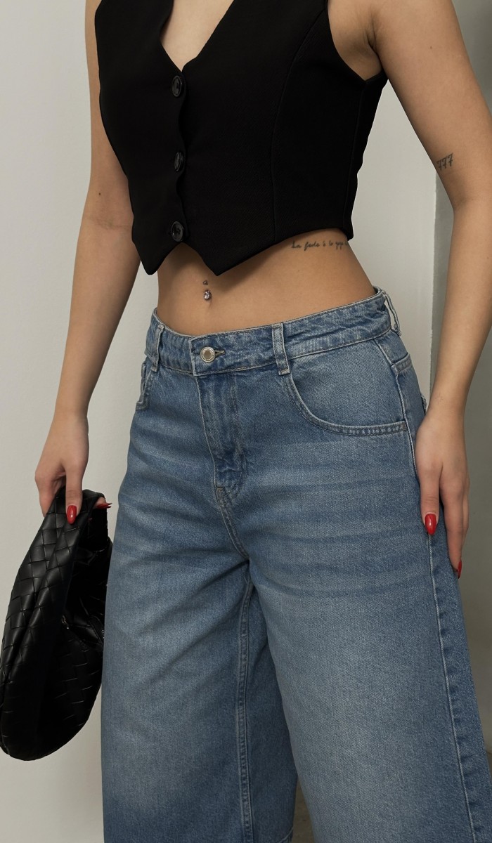 Kadın Baggy Model Blue Bermuda Jean