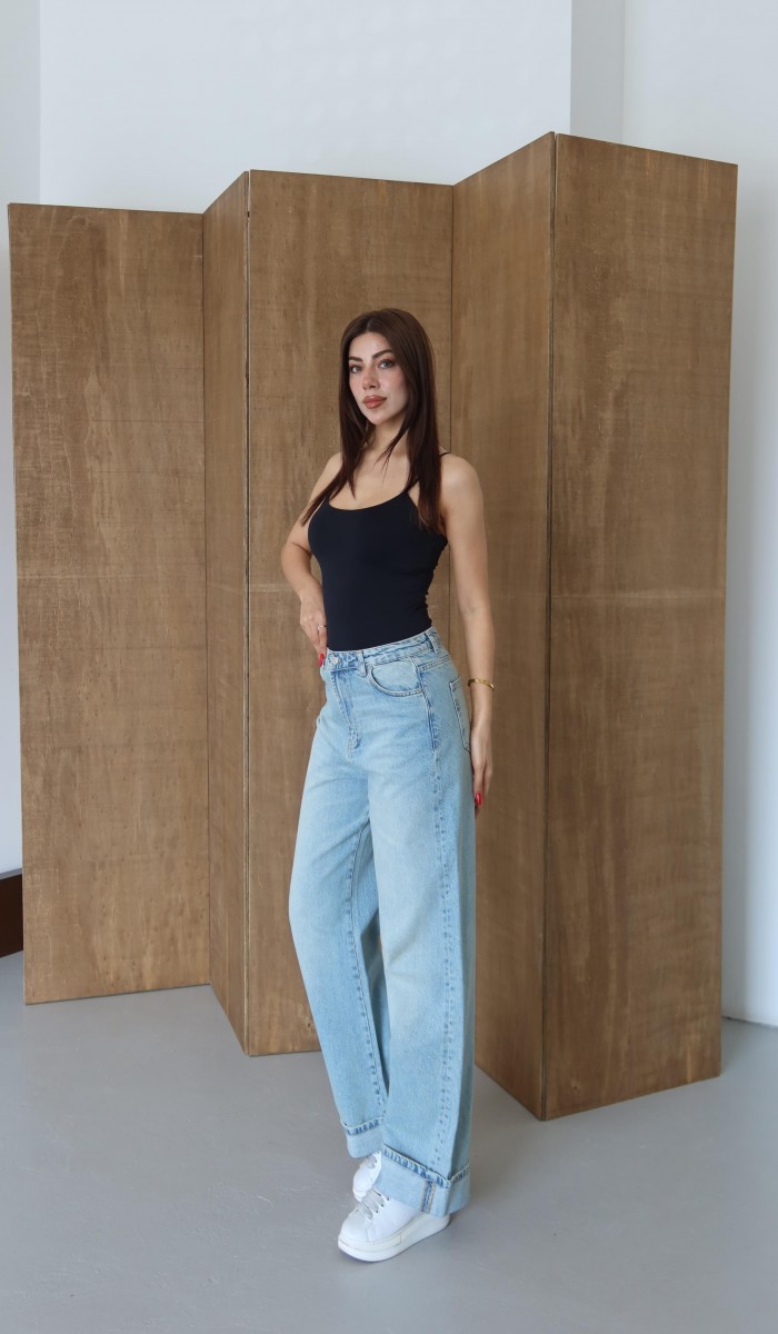 Normal Bel Baggy Foldup Kalıp Paça Katlama Detaylı Yeşil Tint Jean Pantolon