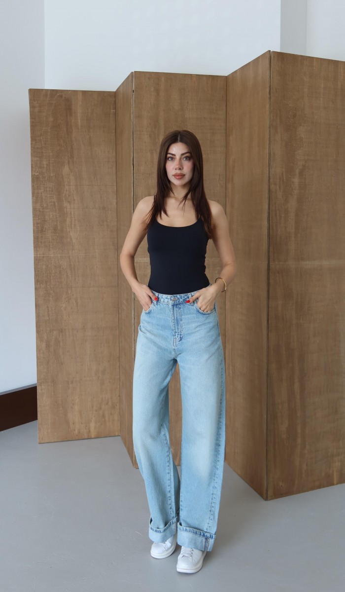 Normal Bel Baggy Foldup Kalıp Paça Katlama Detaylı Yeşil Tint Jean Pantolon
