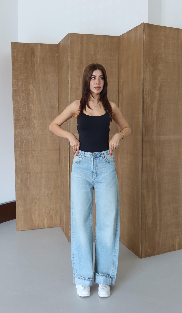 Normal Bel Baggy Foldup Kalıp Paça Katlama Detaylı Yeşil Tint Jean Pantolon