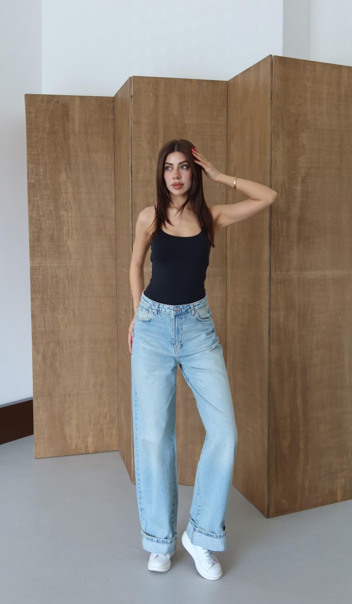 Normal Bel Baggy Foldup Kalıp Paça Katlama Detaylı Yeşil Tint Jean Pantolon