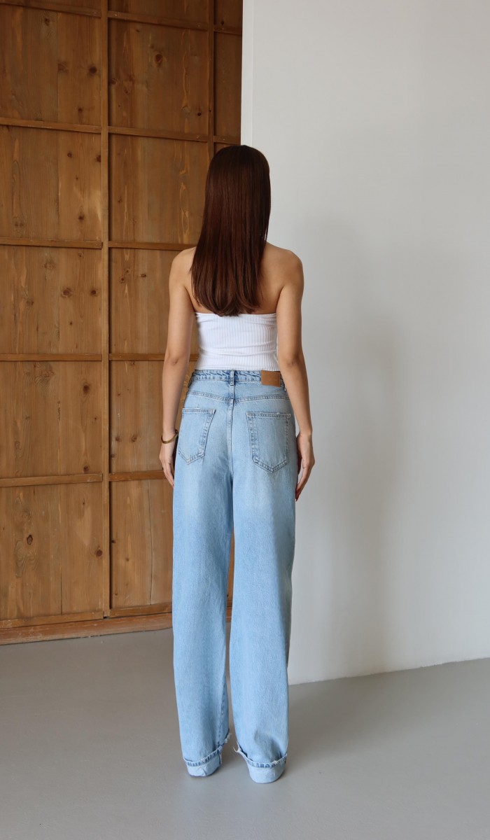 Normal Bel Baggy Foldup Kalıp Paça Katlama Detaylı Light Blue Jean Pantolon