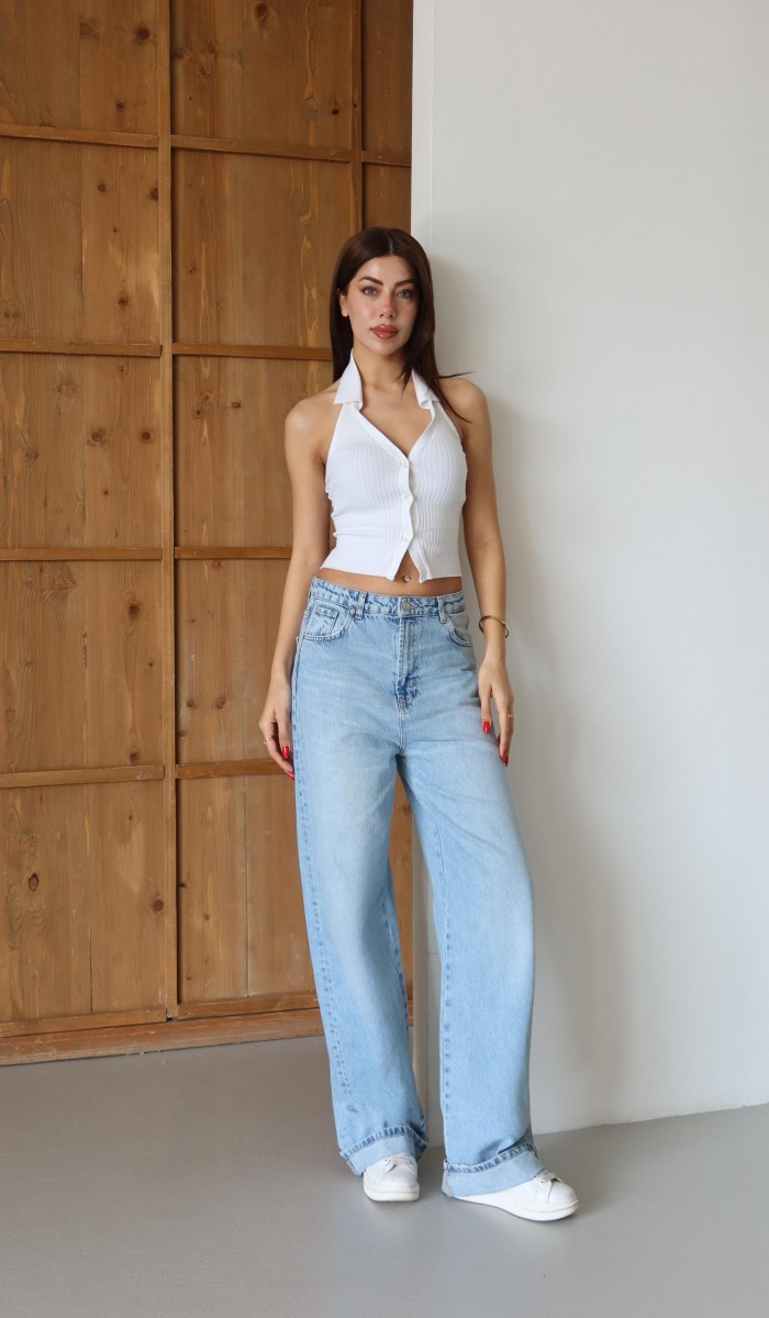 Normal Bel Baggy Foldup Kalıp Paça Katlama Detaylı Light Blue Jean Pantolon