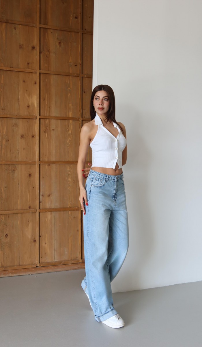 Normal Bel Baggy Foldup Kalıp Paça Katlama Detaylı Light Blue Jean Pantolon