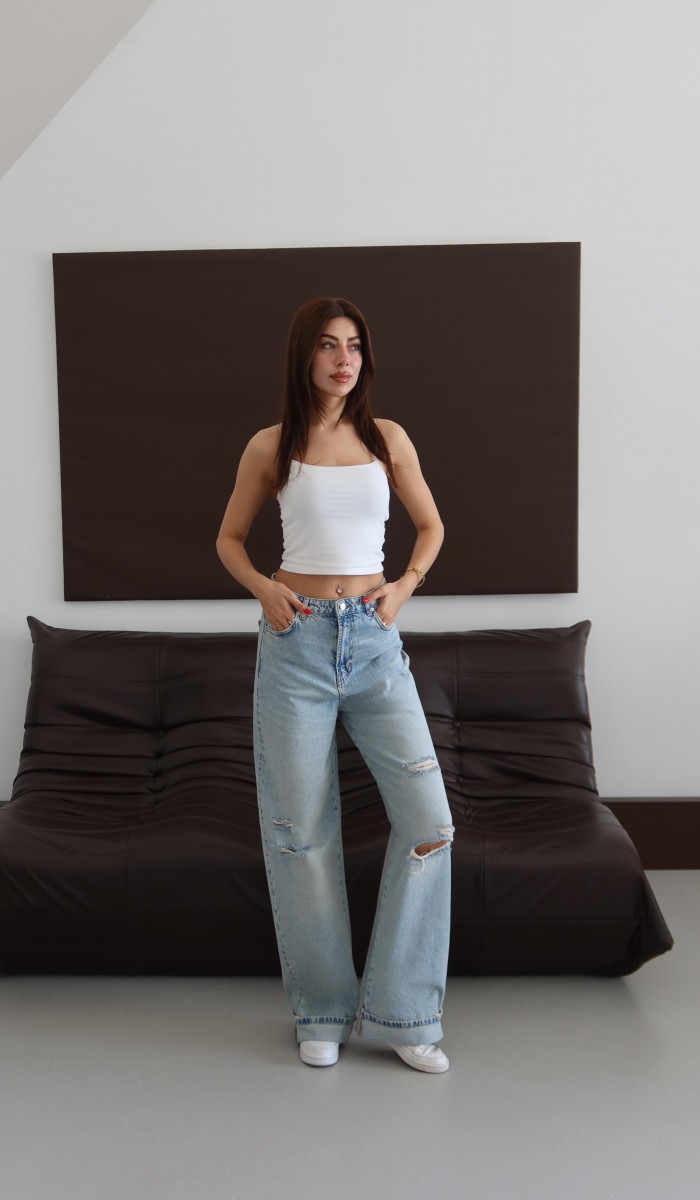 Normal Bel Baggy Foldup Kalıp Paça Katlama Detaylı Yeşil Tint Lazerli Jean Pantolon