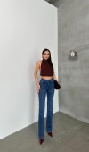 Kadın Yüksek Bel Yarım İspanyol Paça Blue Jean Pantolon
