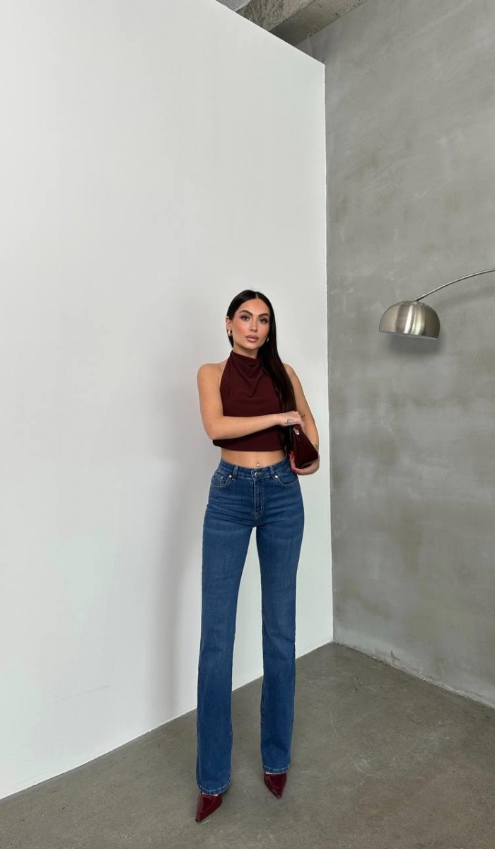 Kadın Yüksek Bel Yarım İspanyol Paça Blue Jean Pantolon