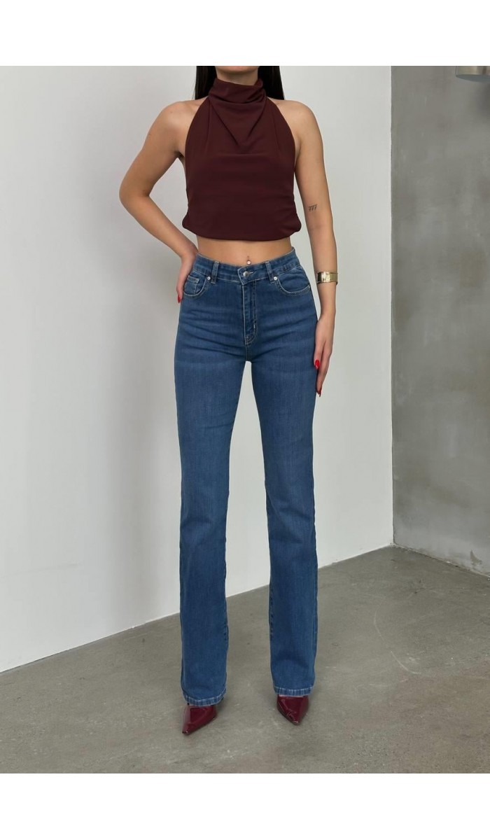 Kadın Yüksek Bel Yarım İspanyol Paça Blue Jean Pantolon