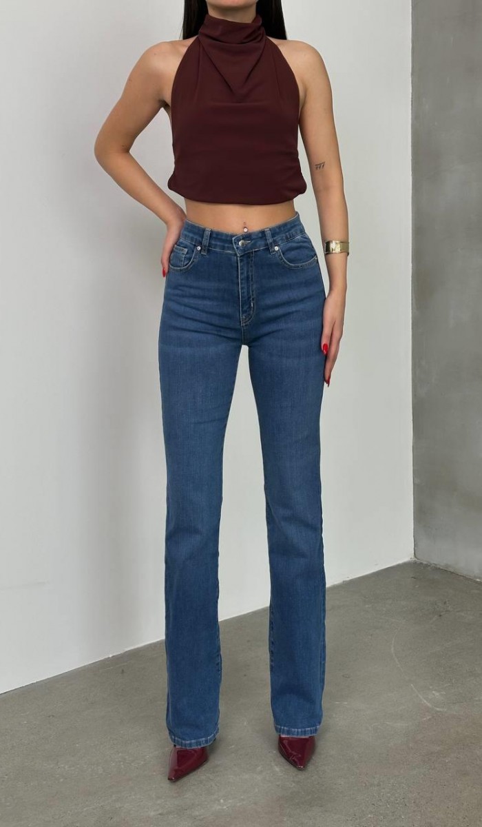 Kadın Yüksek Bel Yarım İspanyol Paça Blue Jean Pantolon Kadın Yüksek Bel Yarım İspanyol Paça Blue Jean Pantolon