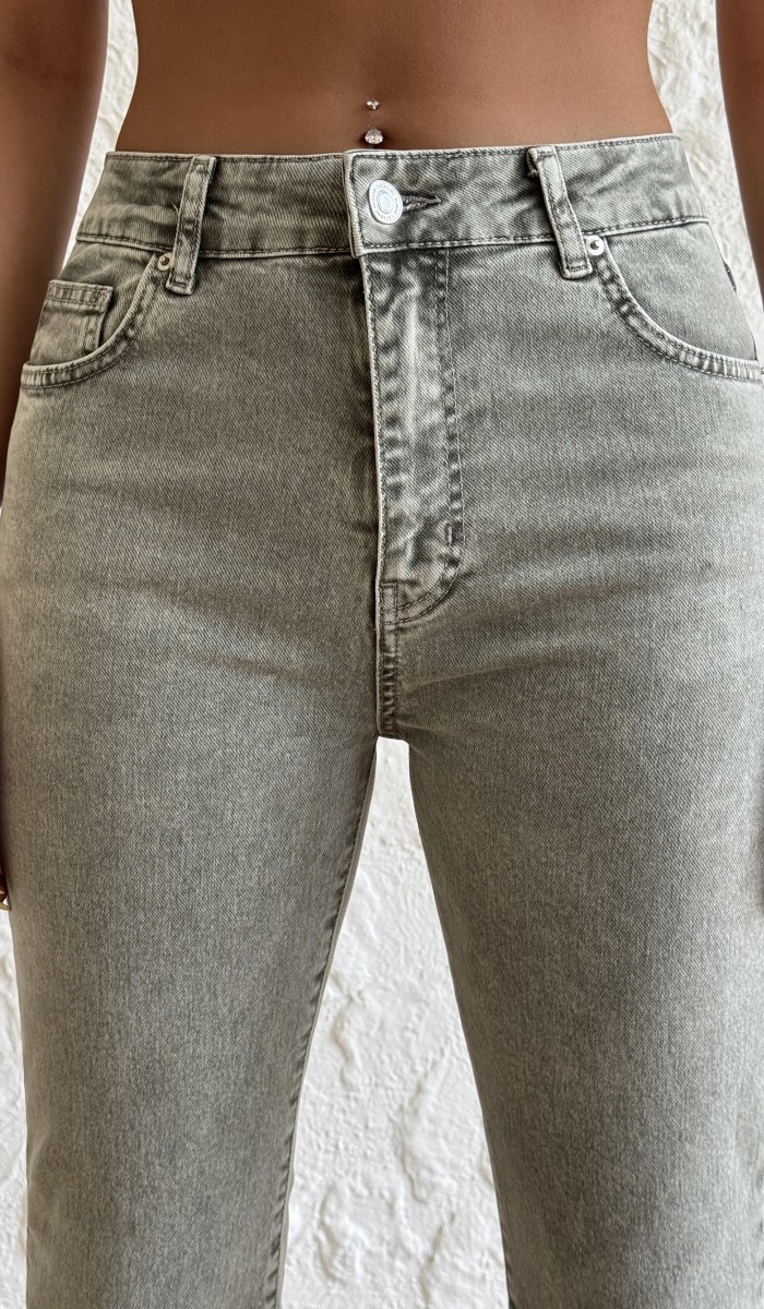 Kadın Yüksek Bel Yarım İspanyol Paça Hakı Jean Pantolon