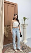 Yüksek Bel kemer Toka Detaylı Yarım İspanyol Paça Light Blue Jean Pantolon