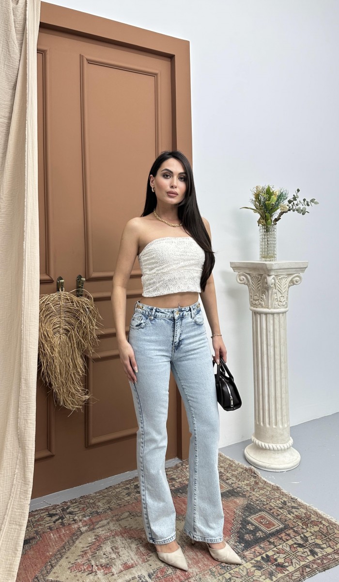 Yüksek Bel kemer Toka Detaylı Yarım İspanyol Paça Light Blue Jean Pantolon