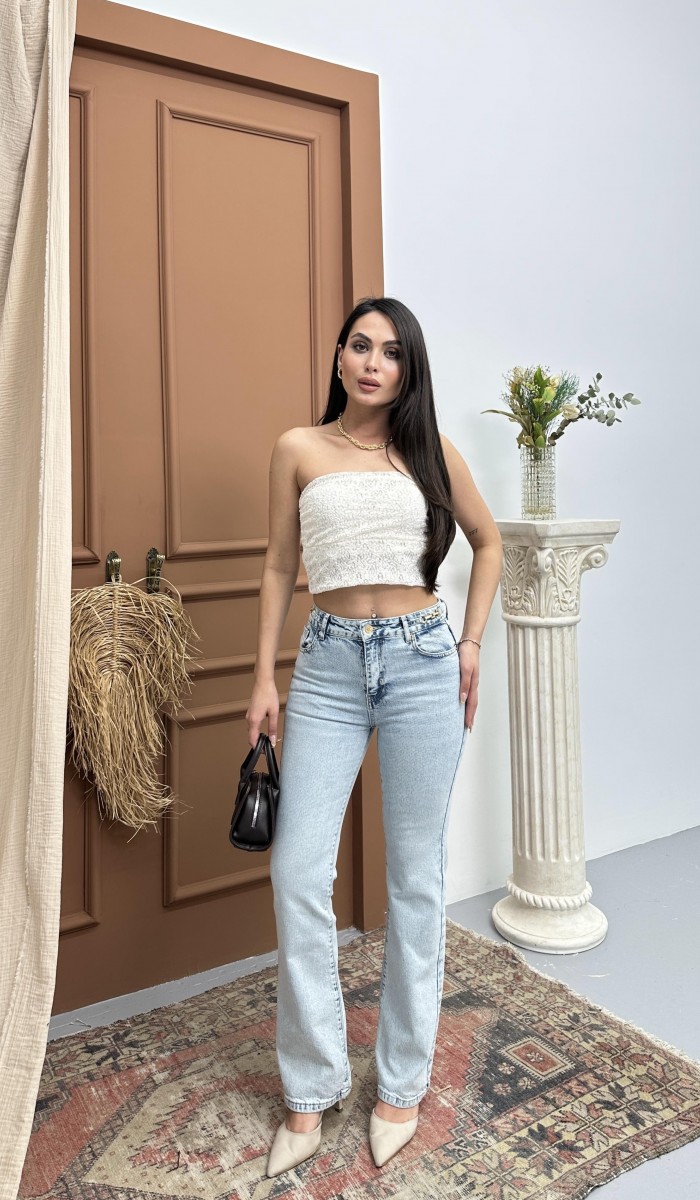 Yüksek Bel kemer Toka Detaylı Yarım İspanyol Paça Light Blue Jean Pantolon