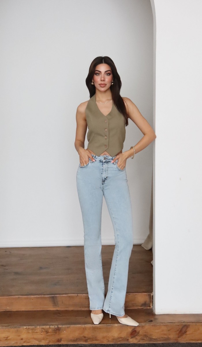 Yüksek Bel Yarım İspanyol Paça Light Blue Jean Pantolon