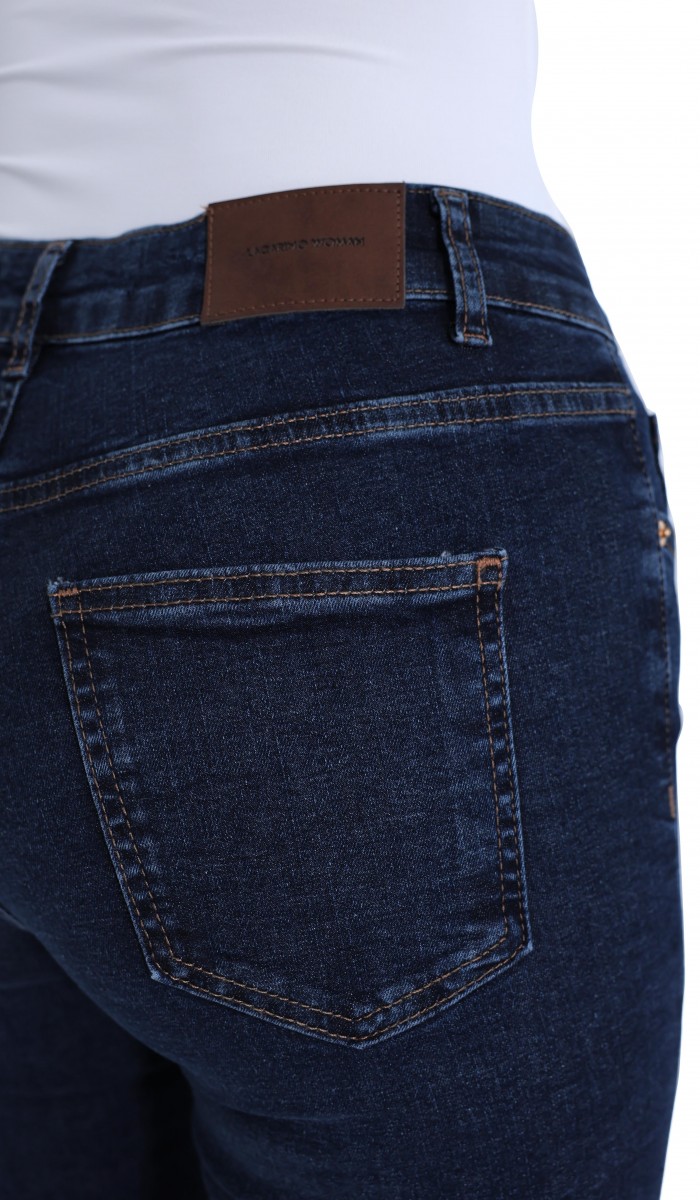 Zincir Detaylı Yarım İspanyol paça Dark Blue Jean Pantolon