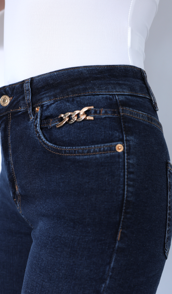 Zincir Detaylı Yarım İspanyol paça Dark Blue Jean Pantolon