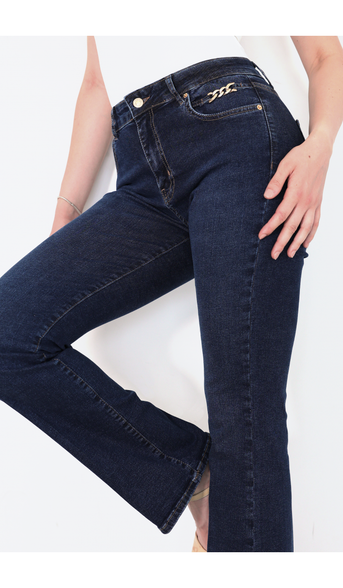 Zincir Detaylı Yarım İspanyol paça Dark Blue Jean Pantolon