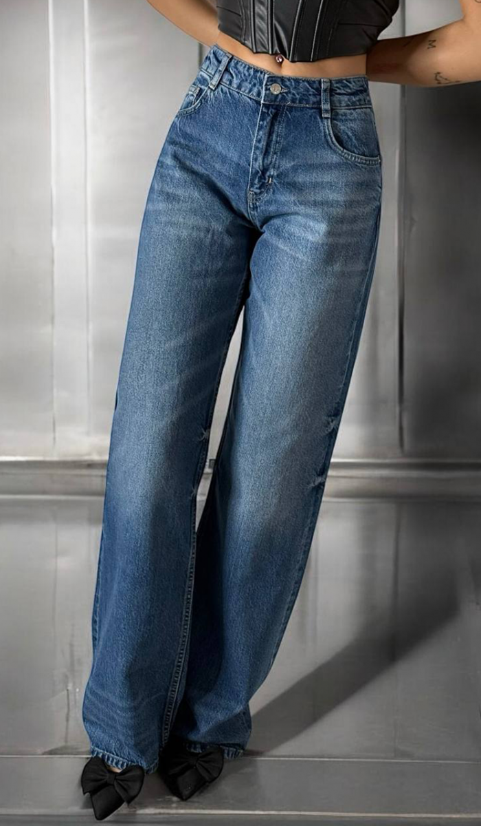 Yüksek Bel Baggy Flare Blue Jean Pantolon