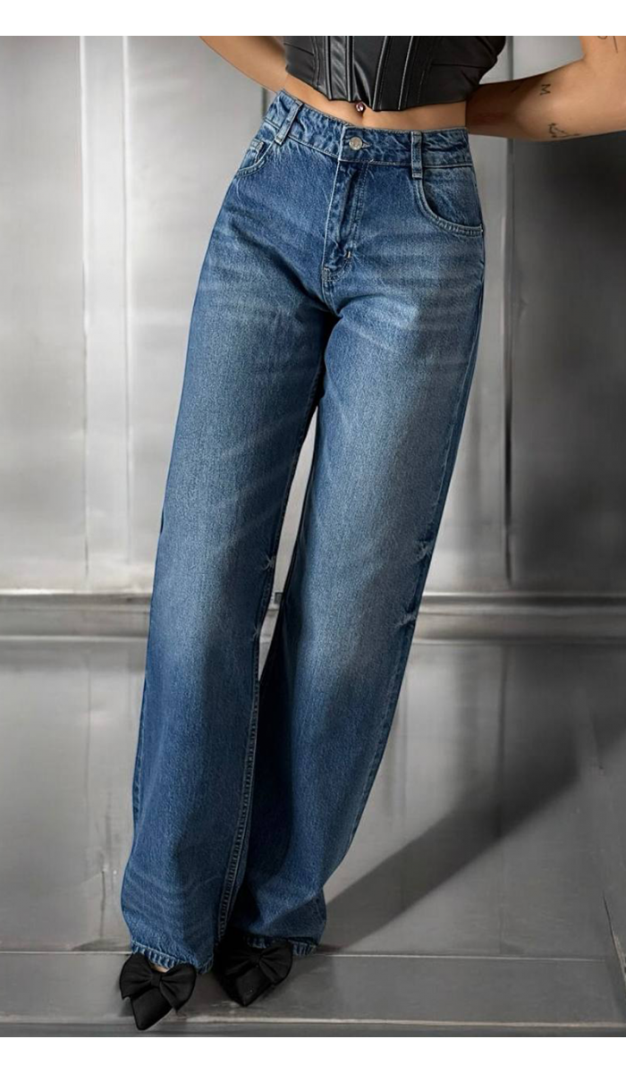 Yüksek Bel Baggy Flare Blue Jean Pantolon