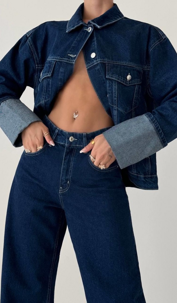 Cep Detaylı Dark Blue Denim Ceket Cep Detaylı Dark Blue Denim Ceket