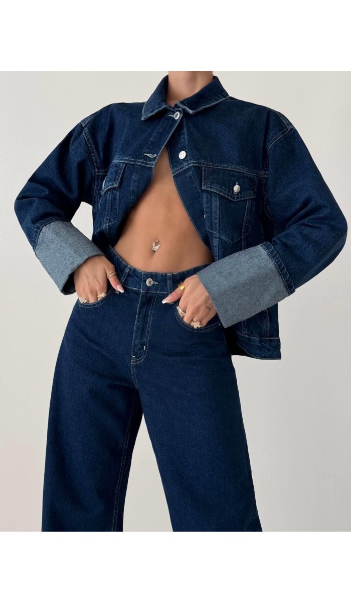 Cep Detaylı Dark Blue Denim Ceket