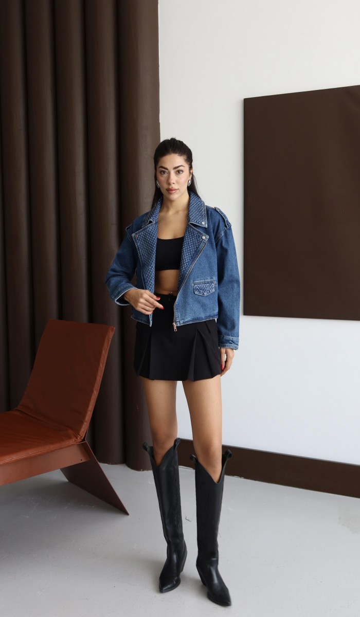 Taş Detaylı Blue Denim Ceket