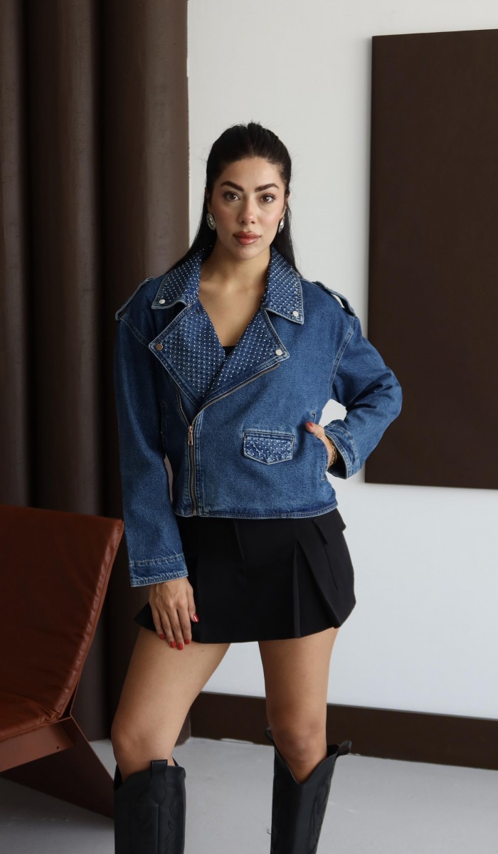 Taş Detaylı Blue Denim Ceket