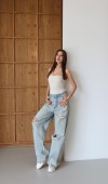 Kadın Yüksek Bel Bol Kesim Yeşil Tint Lazerli  Jean Pantolon