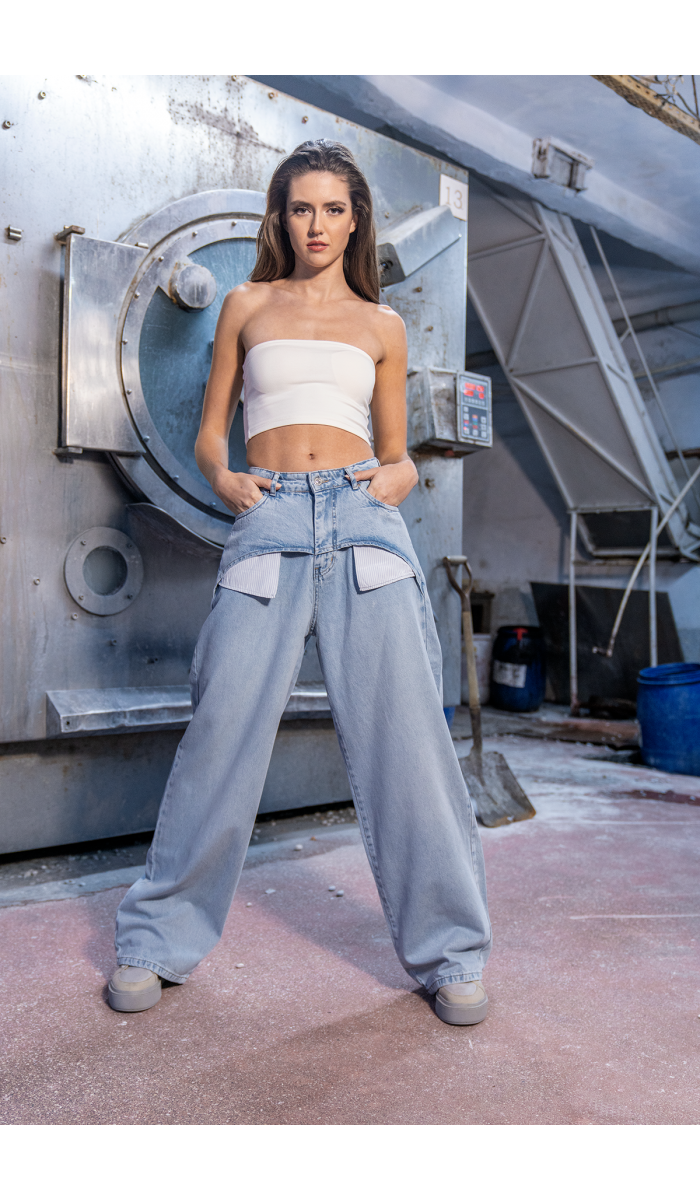 Yüksek Bel Cep Detaylı Blue E. Wide Leg Jean Pantolon