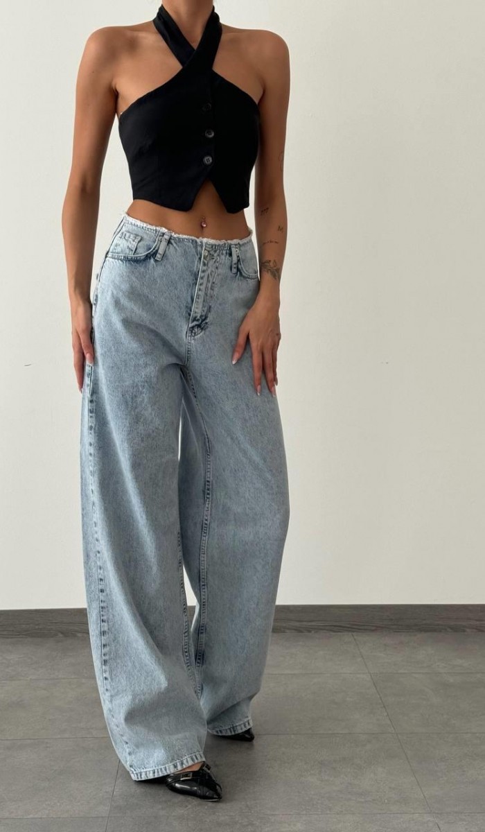 Yüksek Bel Bol Kesim Light Blue Jean Pantolon