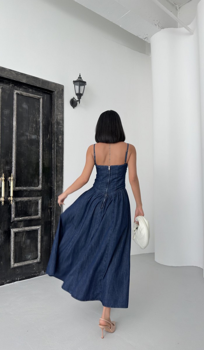 İp Askı Sırt Fermuar Detaylı Bilek Boy Navy Blue Denim Elbise
