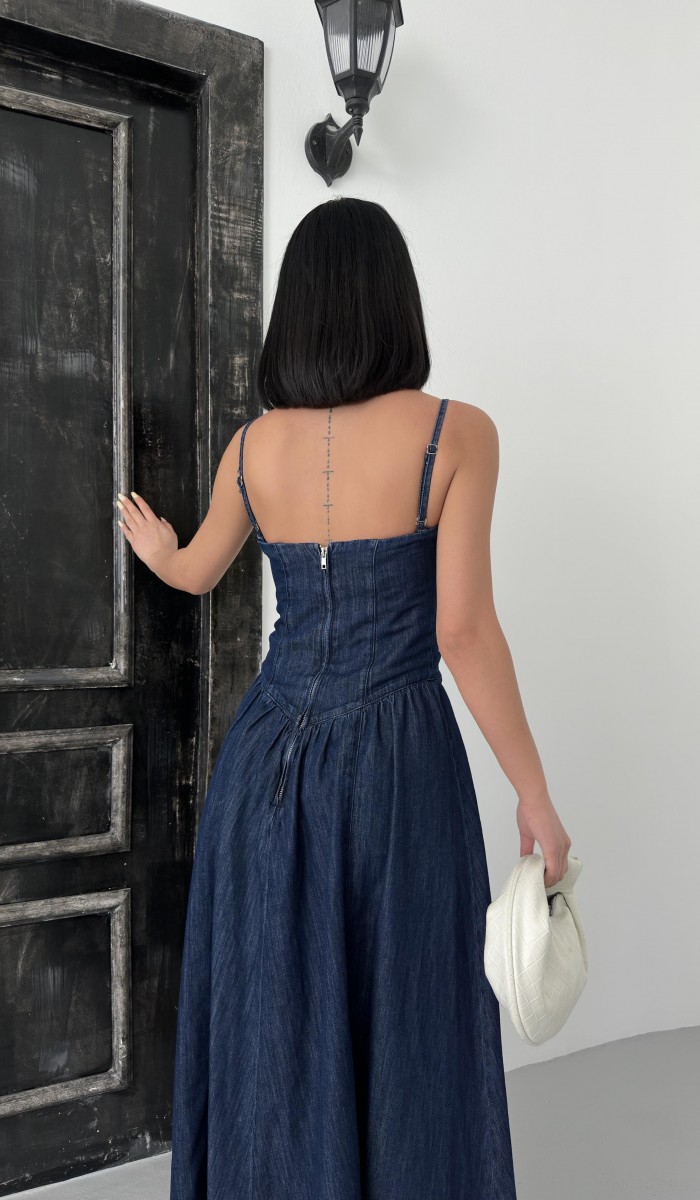 İp Askı Sırt Fermuar Detaylı Bilek Boy Navy Blue Denim Elbise
