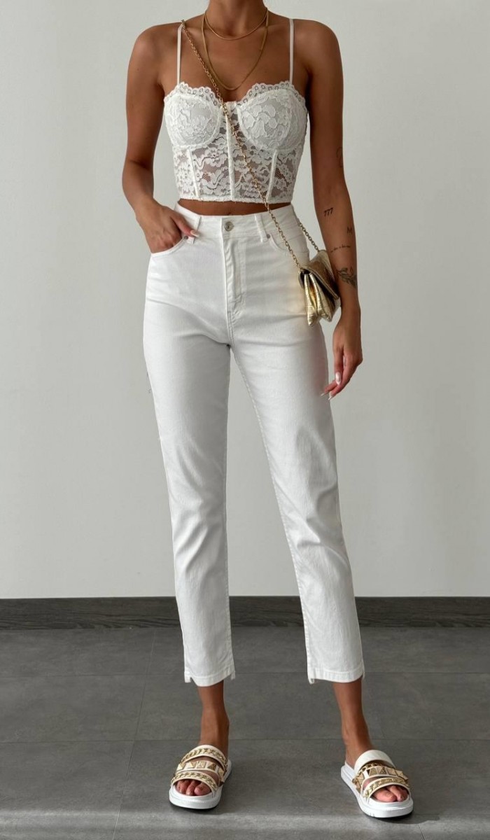 Yüksek Bel Bilek Boy White Elis Jean Pantolon Yüksek Bel Bilek Boy White Elis Jean Pantolon