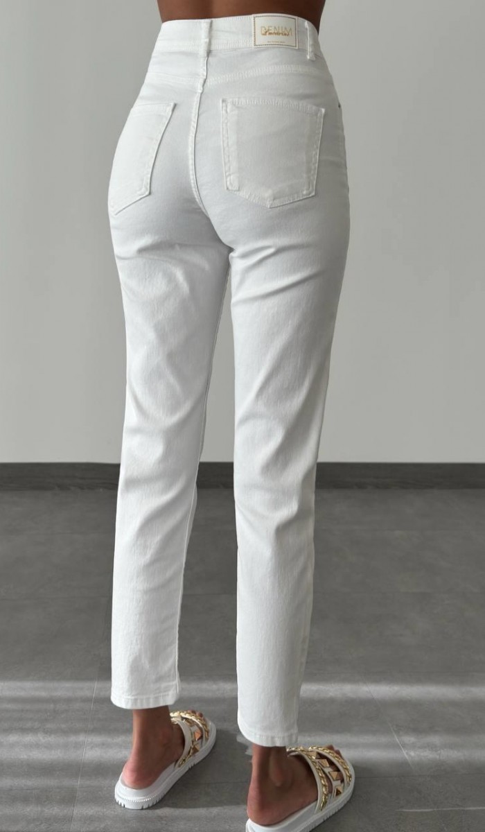 Yüksek Bel Bilek Boy White Elis Jean Pantolon