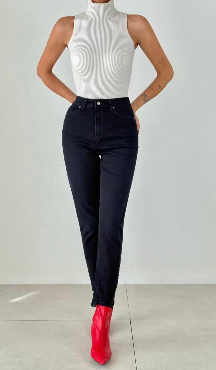 Yüksek Bel Paça Detaylı Blue Black Elis Jean Pantolon